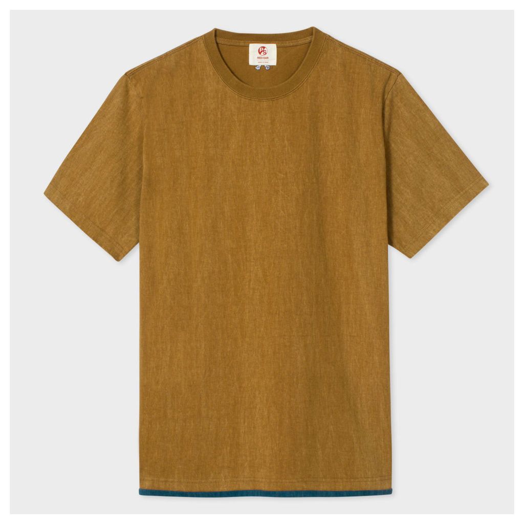 Men's Brown Washed Layered-Hem Red Ear T-Shirt