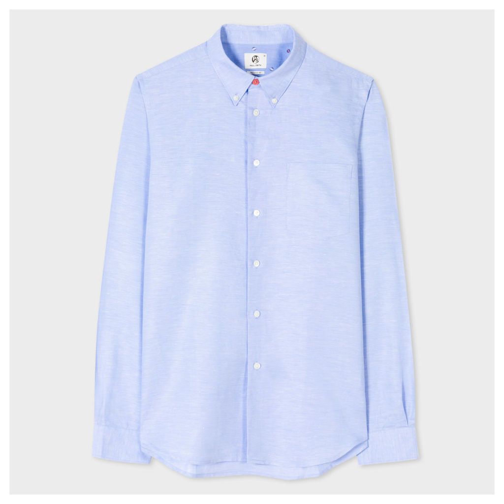 Men's Tailored-Fit Sky Blue Cotton-Linen Slub Button-Down Shirt