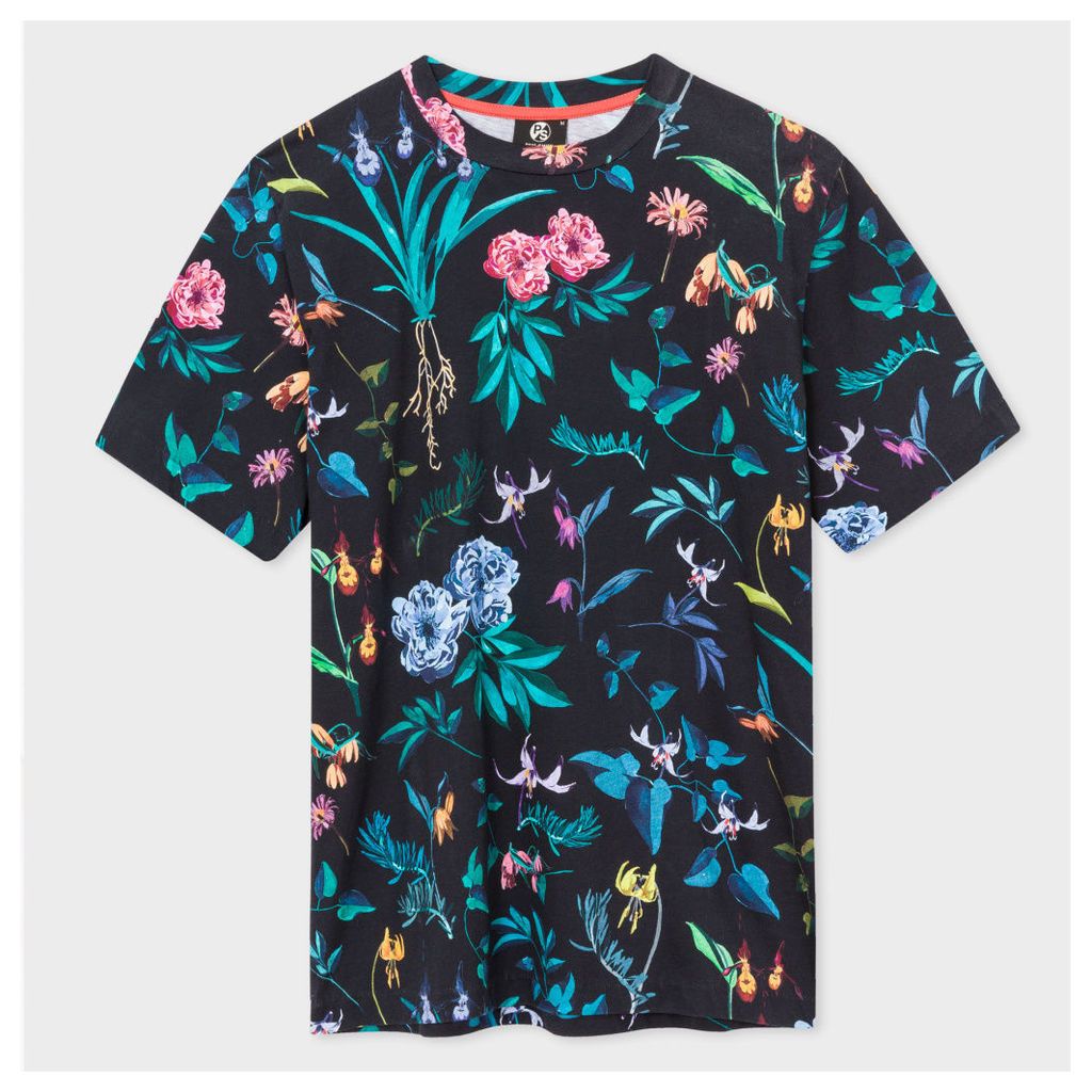 Men's Black 'Painted Floral' Print T-Shirt