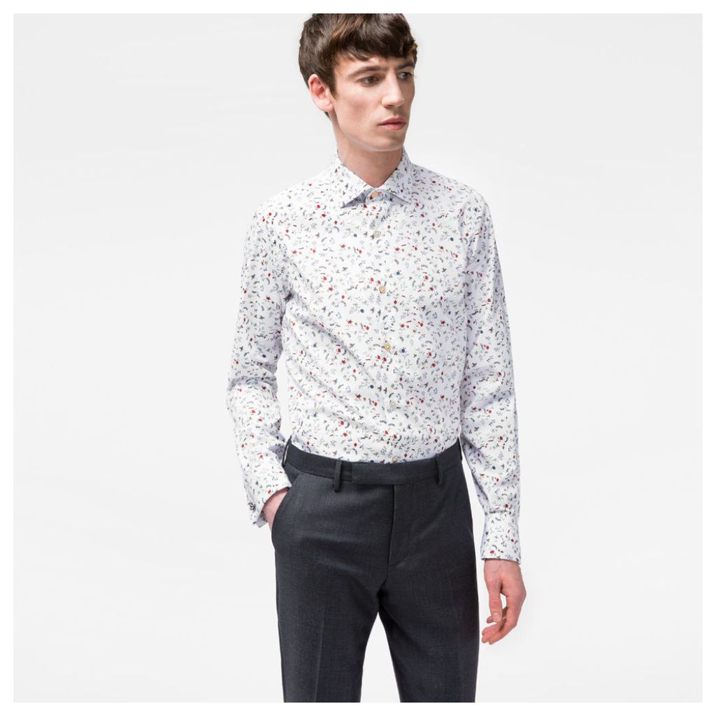 Men's Tailored-Fit White 'Spring Floral' Print Double-Cuff Shirt