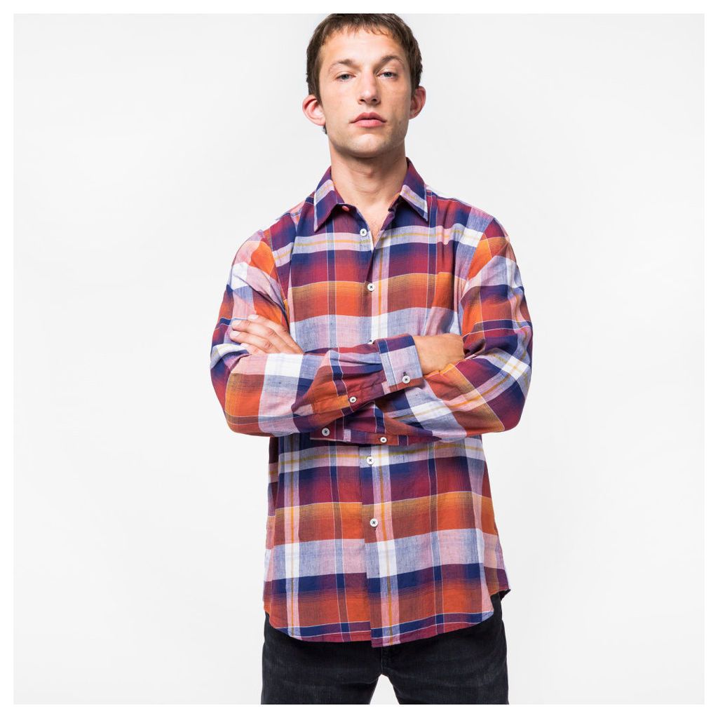 Men's Tailored-Fit Damson Large-Check Linen-Blend Shirt