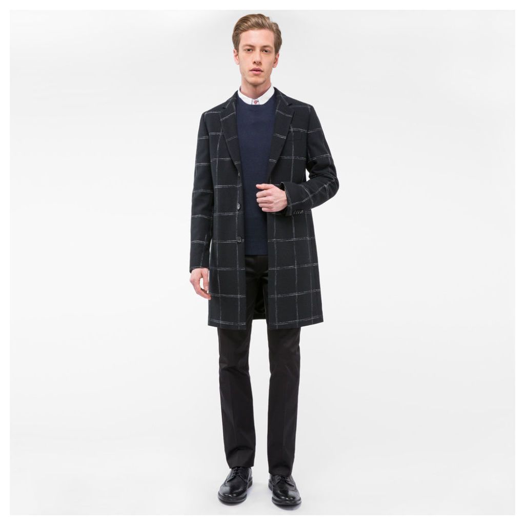 Men's Black Windowpane-Check Wool-Blend Overcoat