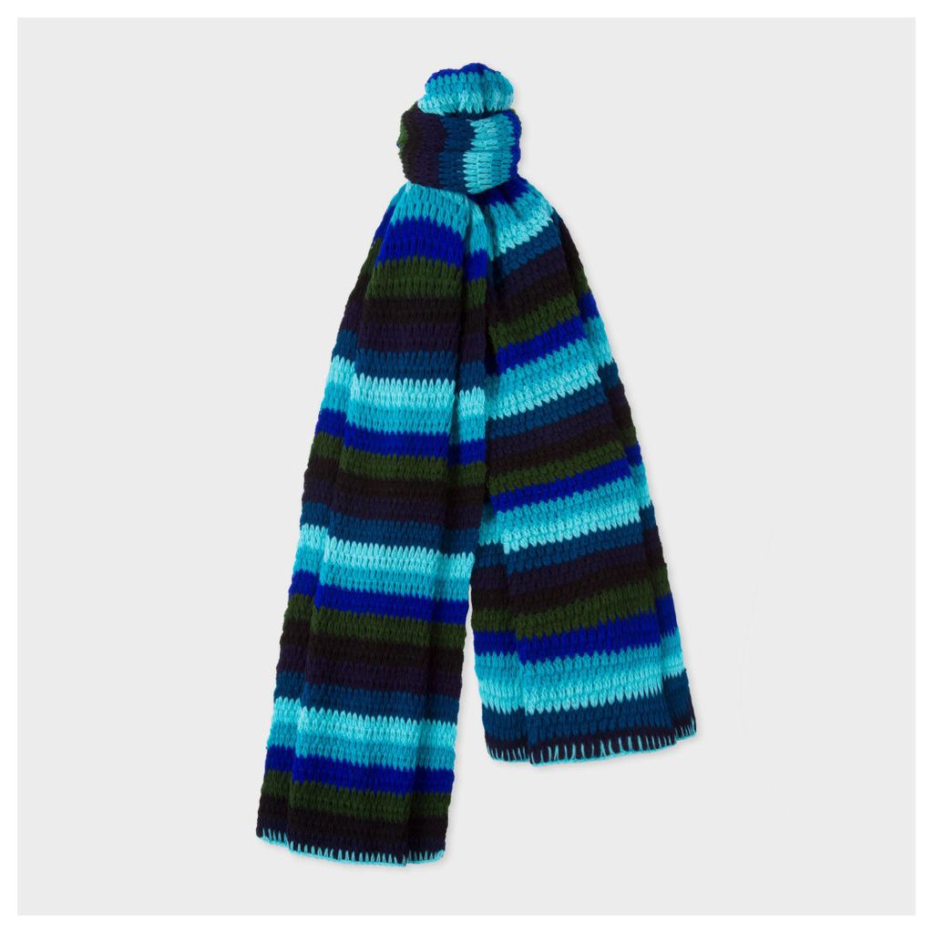 Men's Turquoise Crochet Scarf With Multi-Coloured Stripe