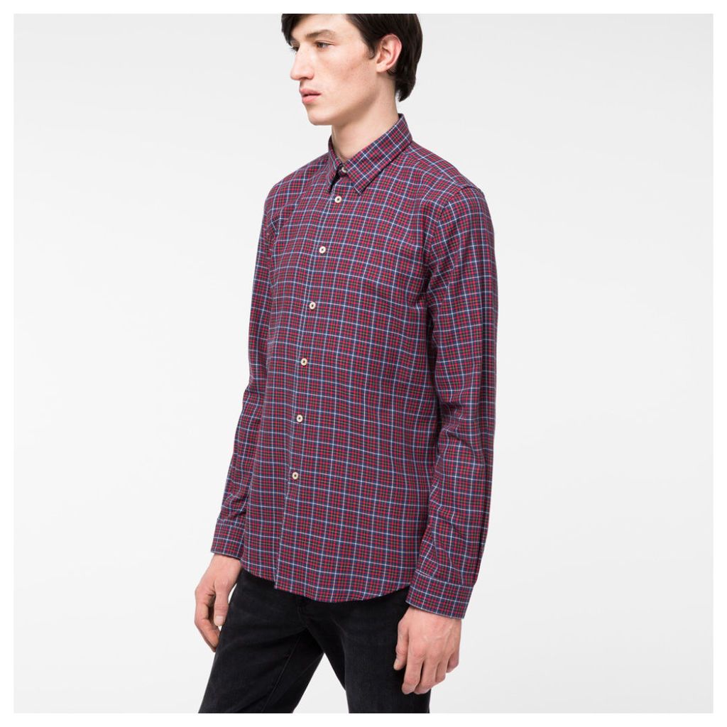Men's Tailored-Fit Red And Navy Check Brushed-Cotton Shirt