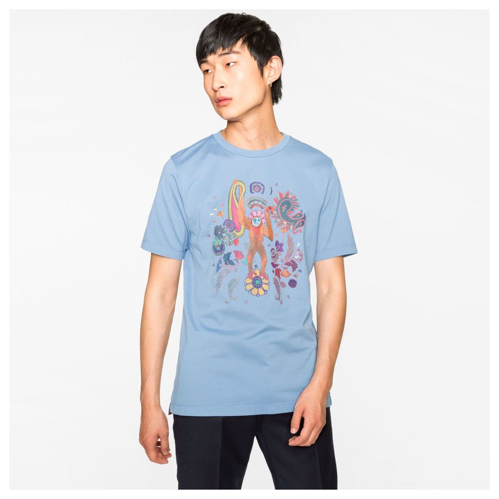 Men's Slim-Fit Sky Blue 'Monkey' Print T-Shirt