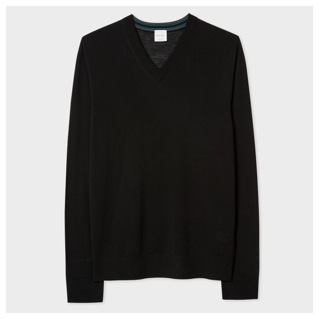 Men's Black Merino Wool V-Neck Sweater