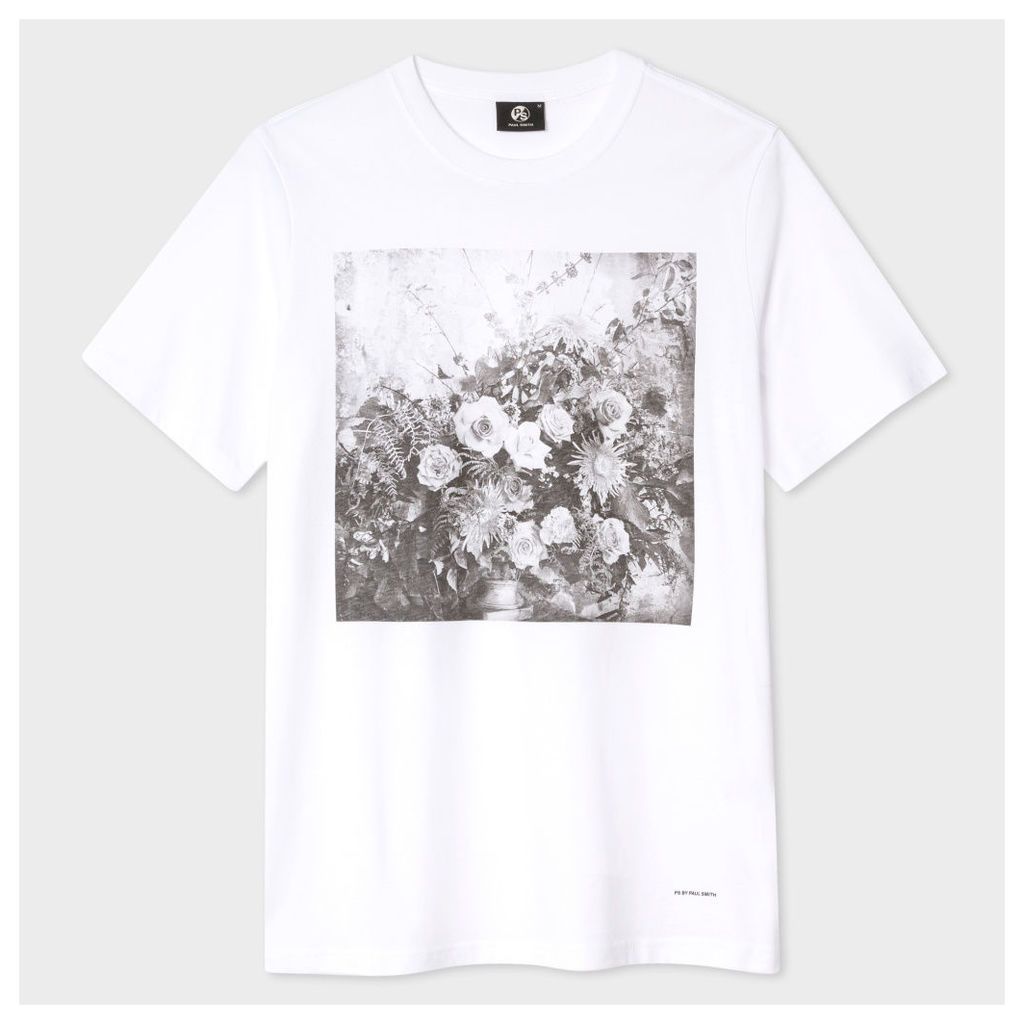 Men's Slim-Fit White 'Flowers' Print Cotton T-Shirt