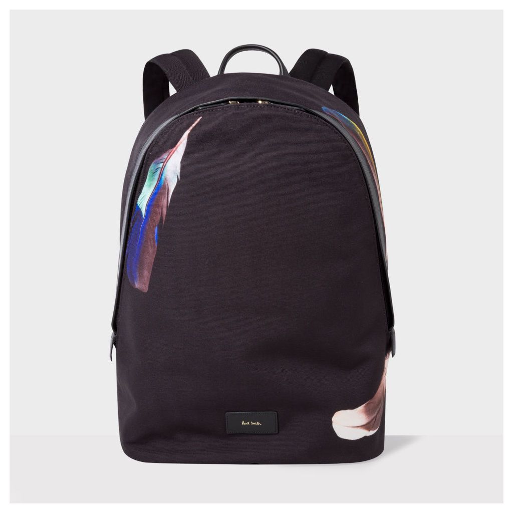 Men's Black Canvas 'Feather' Print Backpack