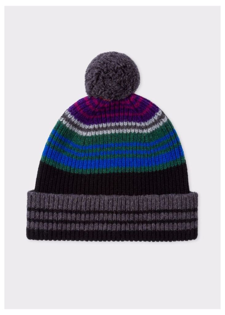 Men's Black Ribbed Lambswool Beanie Hat With Stripes