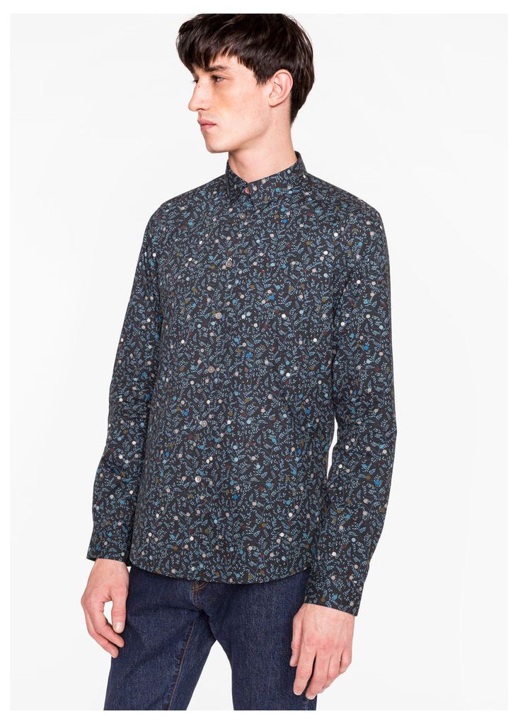 Men's Slim-Fit Navy 'Polka Dot Botanical' Print Cotton Shirt