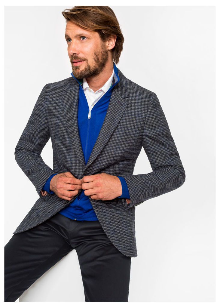 Men's Tailored-Fit Grey And Blue Mini-Check Unlined Wool-Blend Blazer