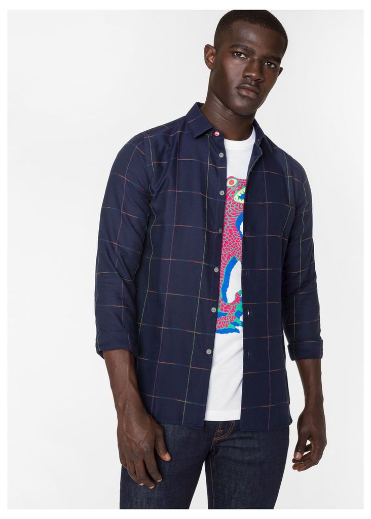 Men's Slim-Fit Navy Multi-Coloured Windowpane Check Shirt
