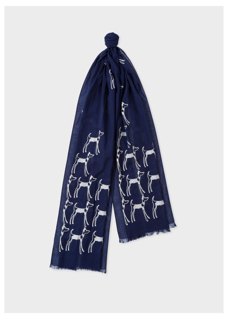Men's Navy Embroidered Dog Pattern Wool Scarf