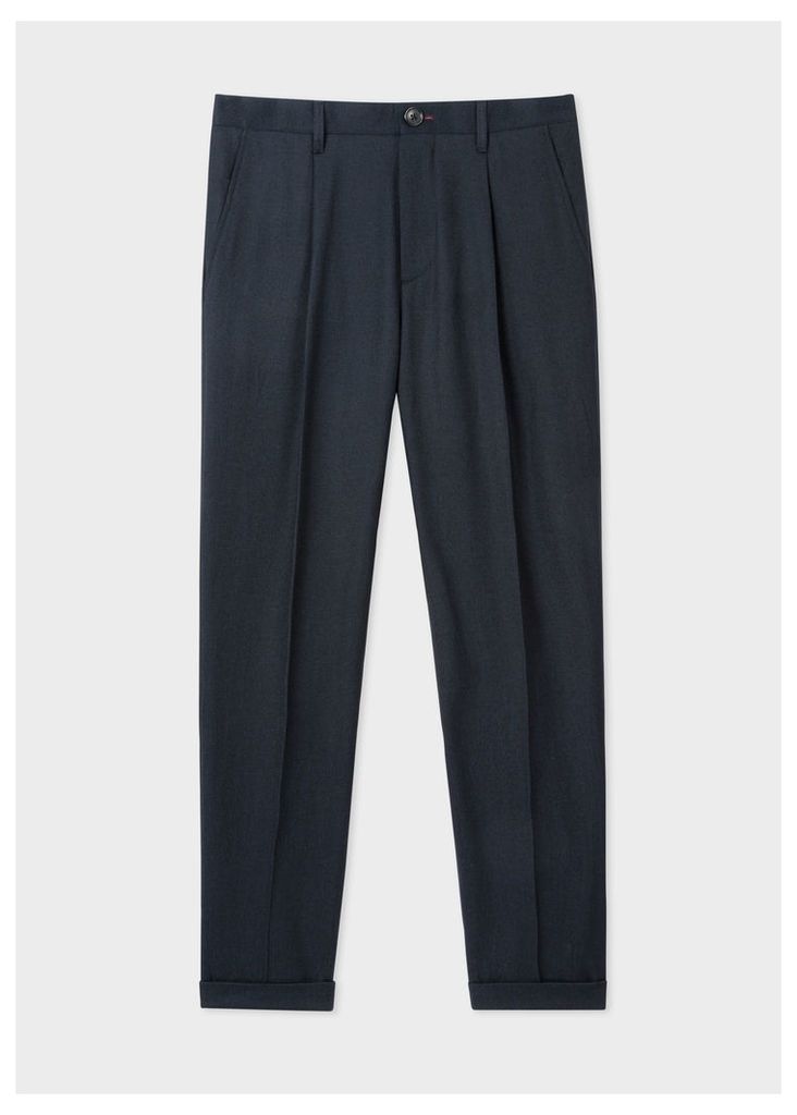 Men's Dark Navy Pleated Wool And Cotton-Blend Trousers
