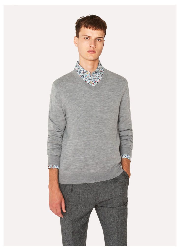 Men's Light Grey Marl V-Neck Merino Wool Sweater