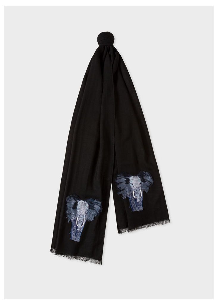 Men's Black 'Elephant' Embroidery Wool Scarf