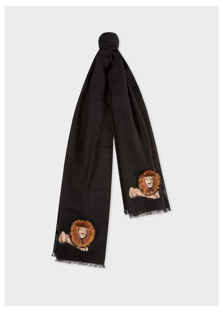 Men's Black 'Lion' Embroidery Wool Scarf