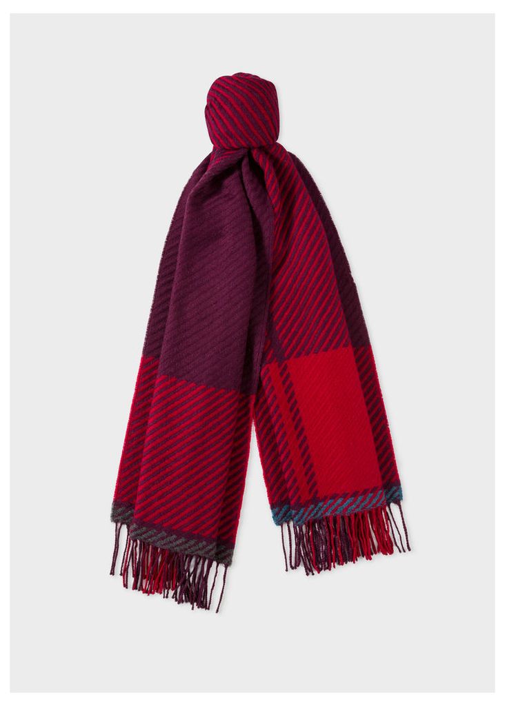 Men's Damson And Red Asymmetrical Check Wool Scarf