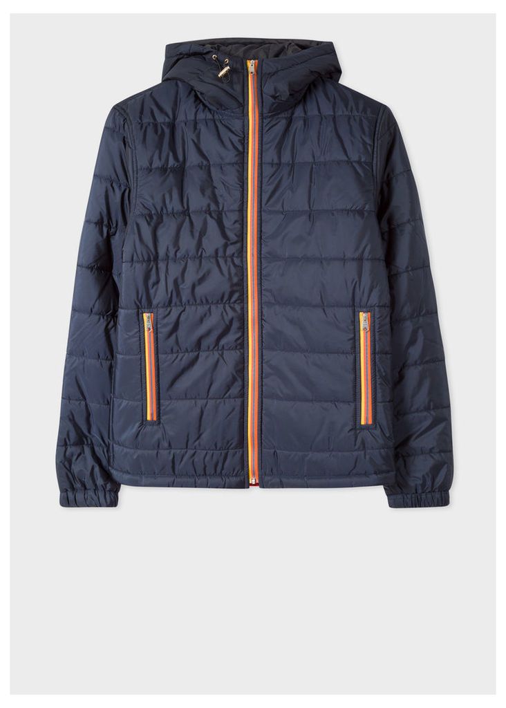 Men's Navy Quilted Hooded Jacket With 'Artist Stripe' Trims