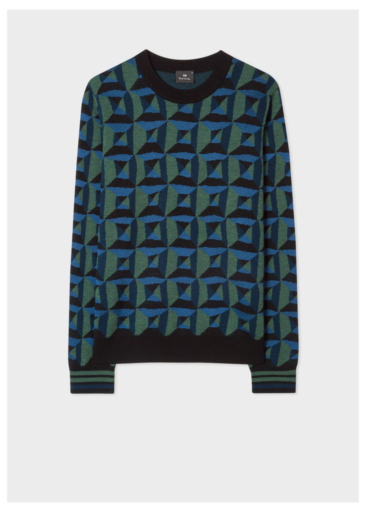 Men's Blue And Green Geometric Merino Wool-Blend Sweater