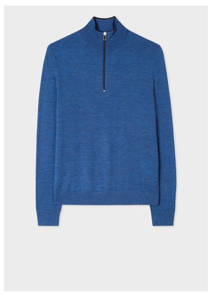 Men's Blue Marl Funnel Neck Merino Wool Half-Zip Sweater