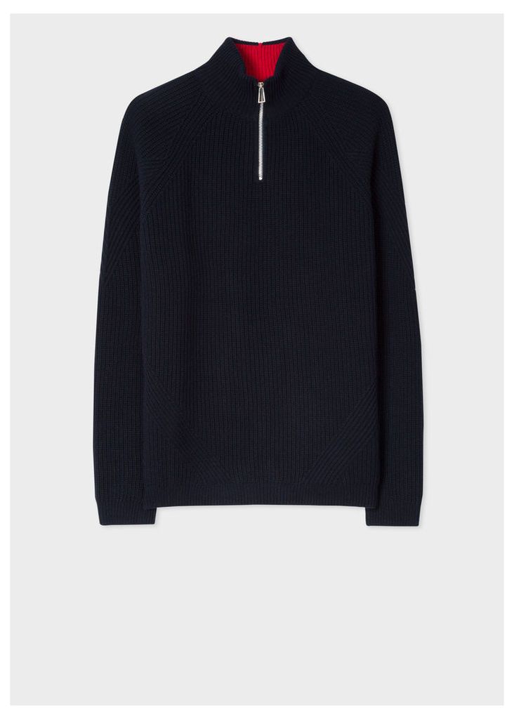 Men's Black Funnel Neck Half-Zip Ribbed Wool-Blend Sweater