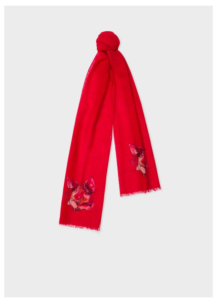 Men's Red 'Year Of The Pig' Motif Wool And Cashmere Scarf