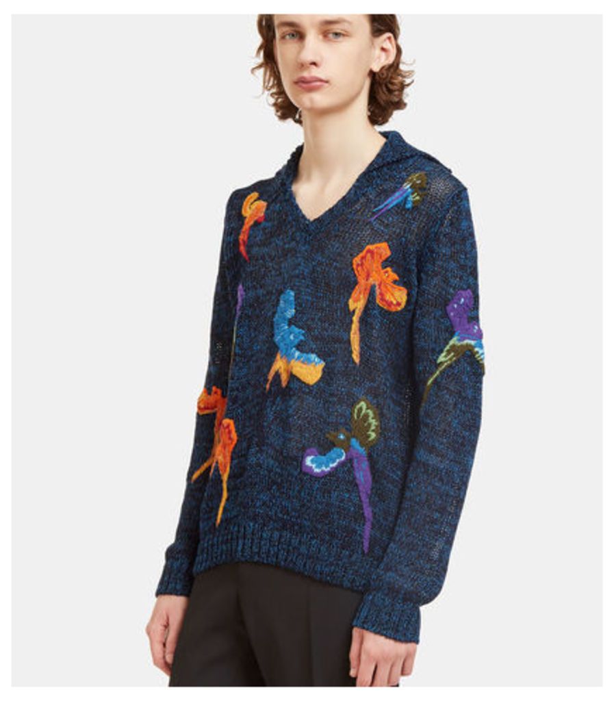Bird Embroidered Hooded Knit Sweater