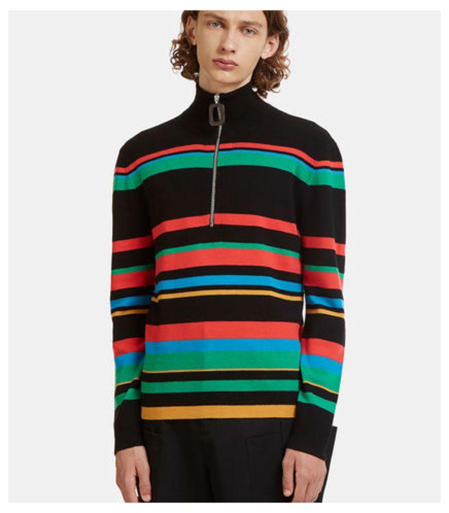 Striped Knit Polo Zipped Sweater