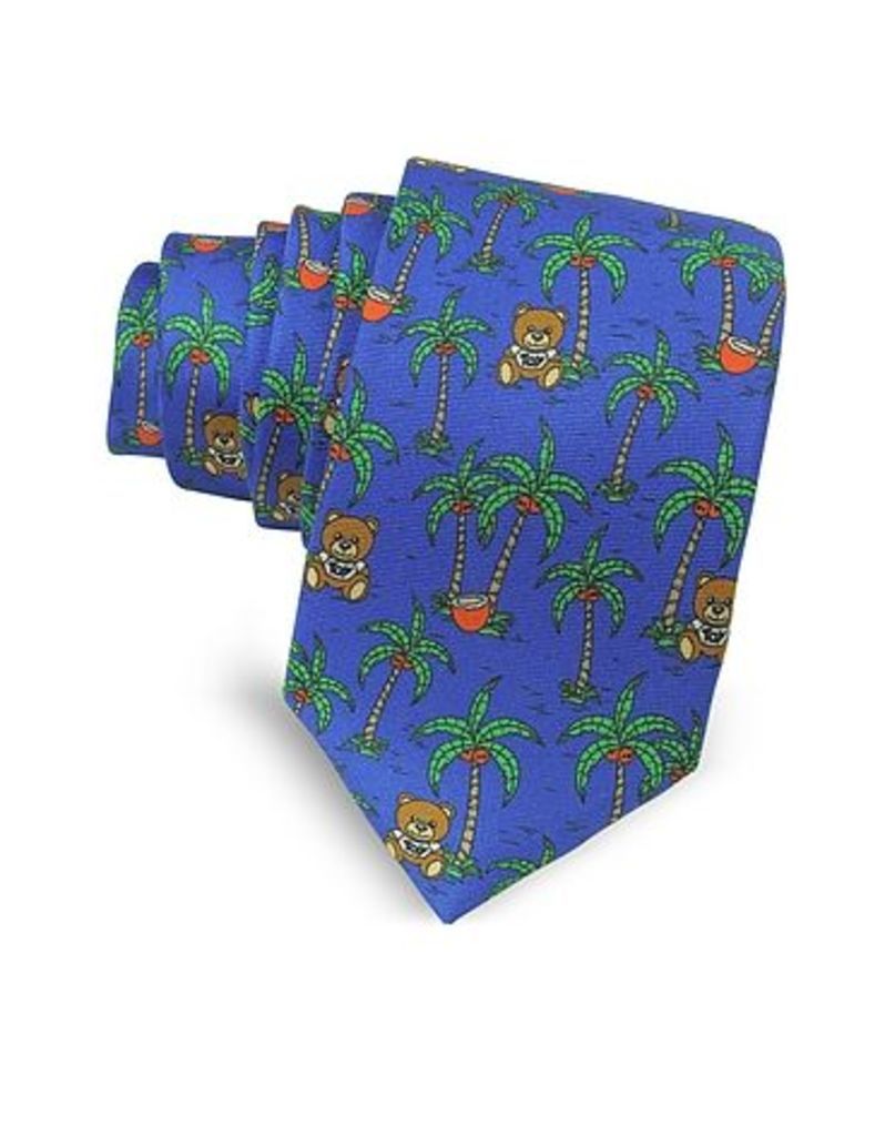 Moschino Ties, Blue Palms and Teddy Bears Printed Twill Silk Narrow Tie