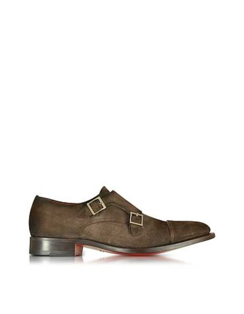Santoni - Dark Brown Suede Monk Strap Shoes
