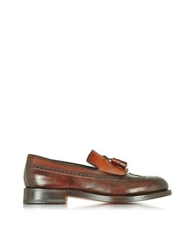 Santoni - Brown Leather Wingtip Loafer Shoes w/Fringes and Tassels
