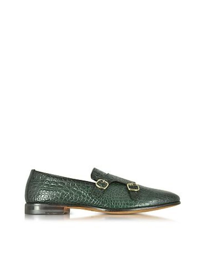 Santoni - Green Croco Print Leather Monk Strap Shoes