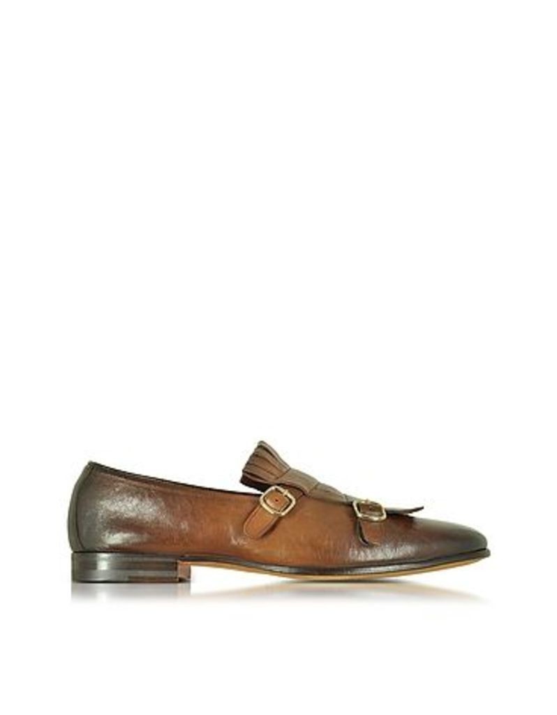 Santoni - Shaded Brown Leather Monk Strap Shoes w/Fringes