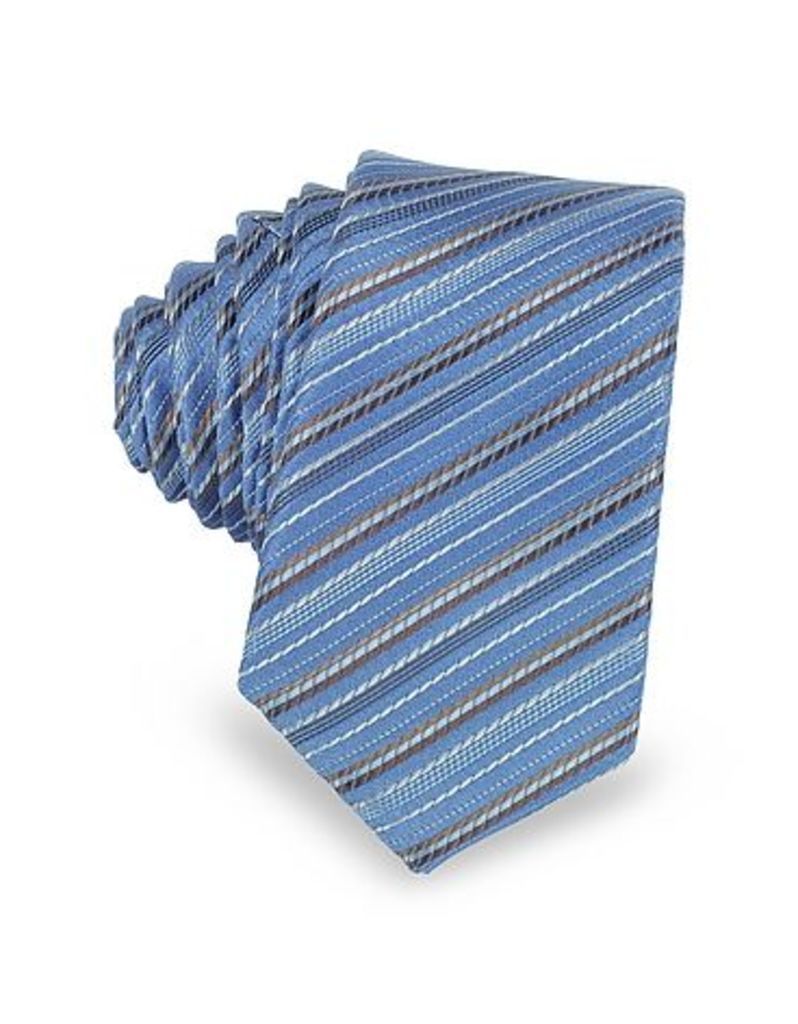 Laura Biagiotti Designer Narrow Ties, Light Blue and Brown Diagonal Stripe Woven Silk Extra-Narrow Tie