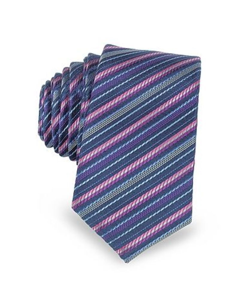 Laura Biagiotti Designer Narrow Ties, Navy Blue and Pink Diagonal Stripe Woven Silk Extra-Narrow Tie