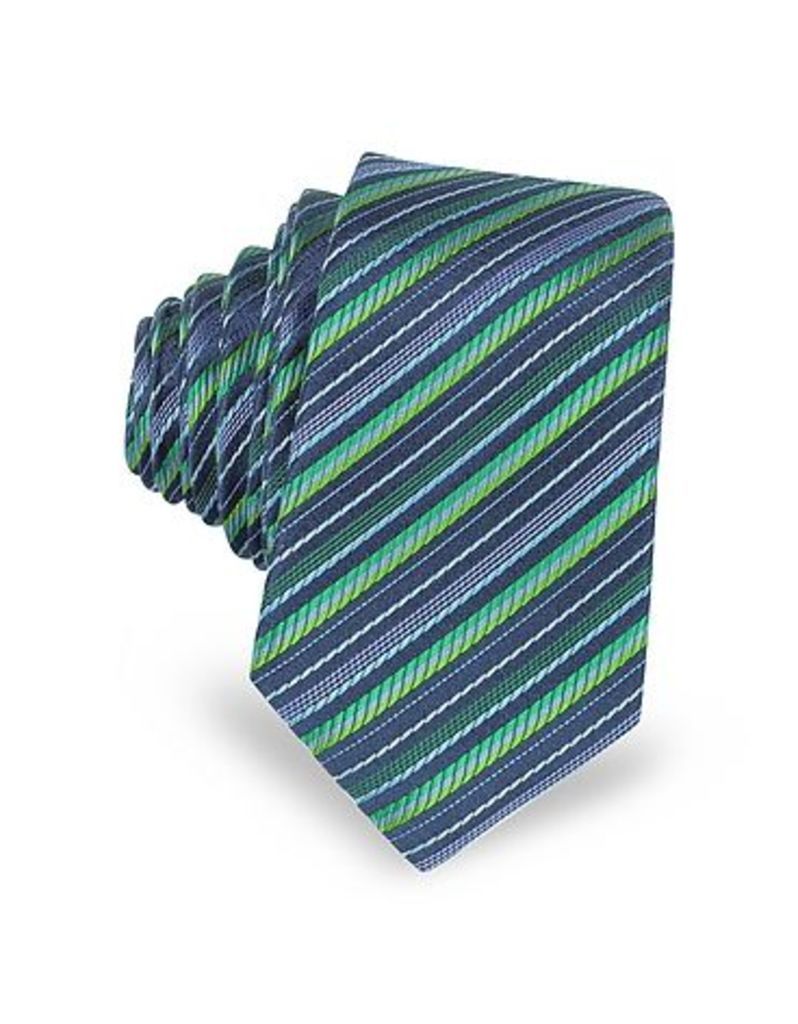 Laura Biagiotti Designer Narrow Ties, Navy Blue and Green Diagonal Stripe Woven Silk Extra-Narrow Tie
