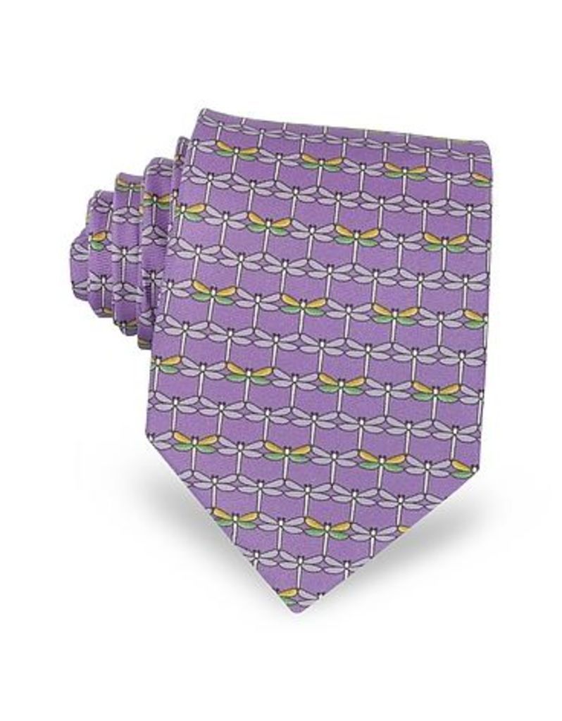 Laura Biagiotti Designer Ties, Purple Dragonflies Print Twill Silk Tie