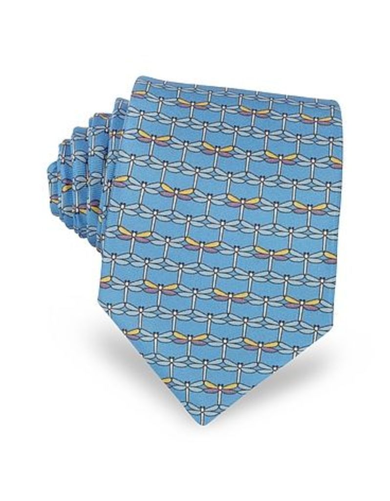 Laura Biagiotti Designer Ties, Light Blue Dragonflies Print Twill Silk Tie