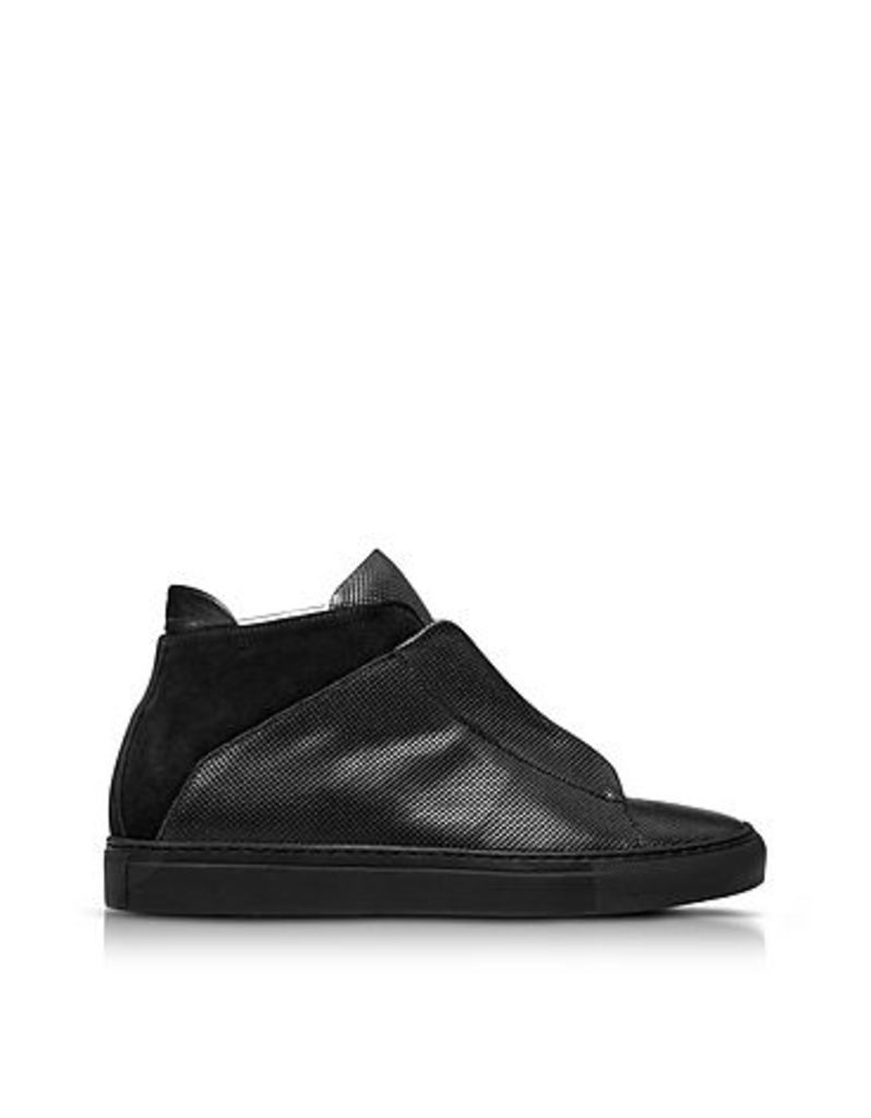 Ylati Shoes, Nerone Black Perforated Leather and Suede High Top Men's Sneakers