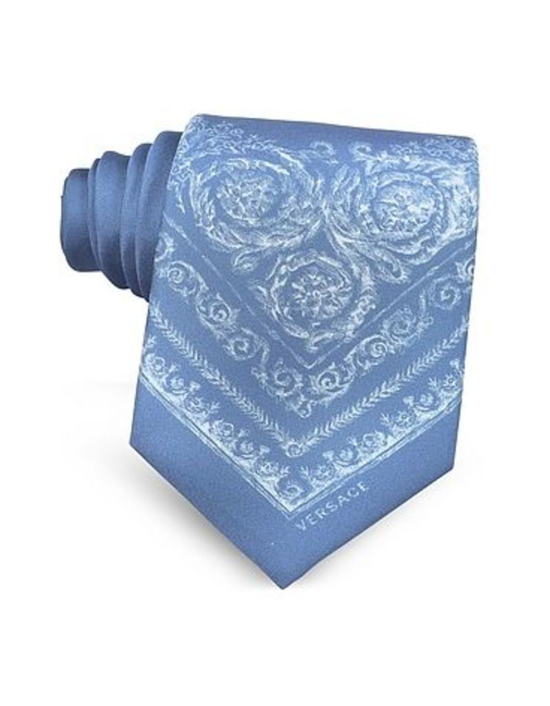 Versace Ties, Light Blue Ornamental Baroque Printed Silk Tie