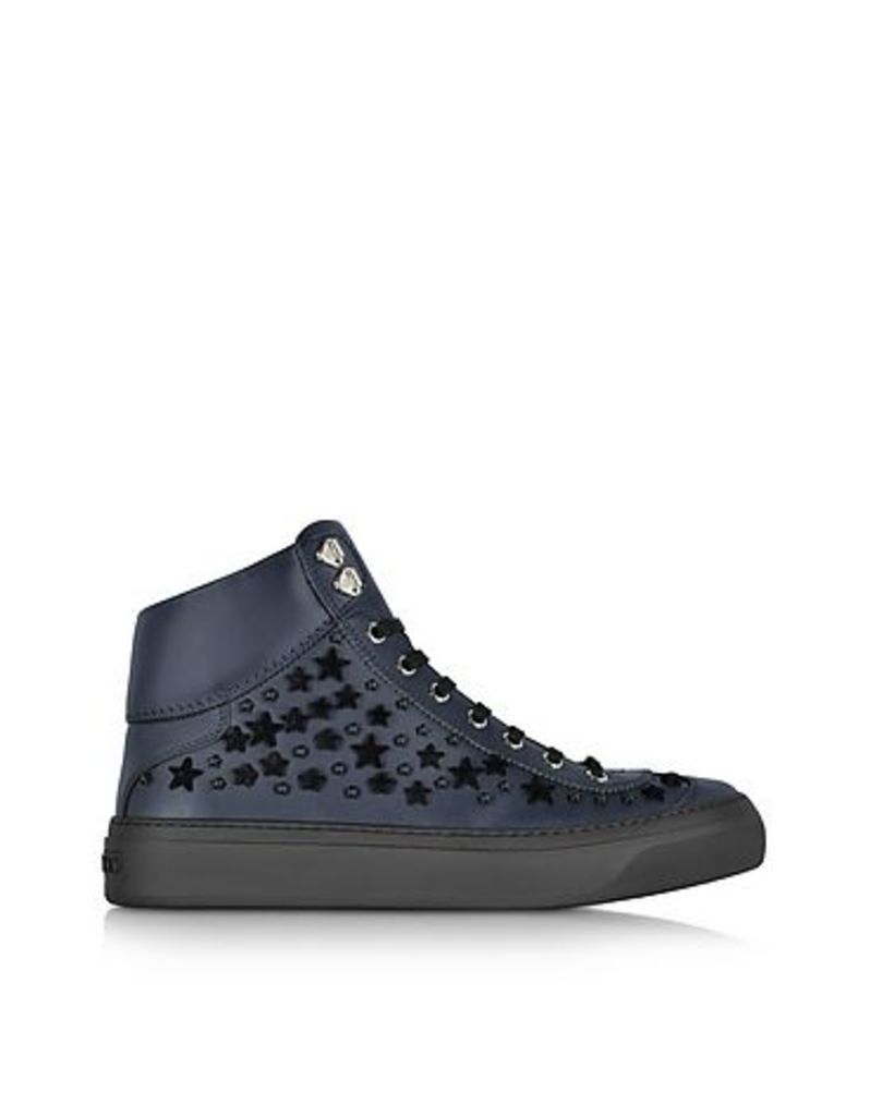 Jimmy Choo Shoes, Argyle Official Navy Leather High Top Sneakers w/Black Flocked Stars