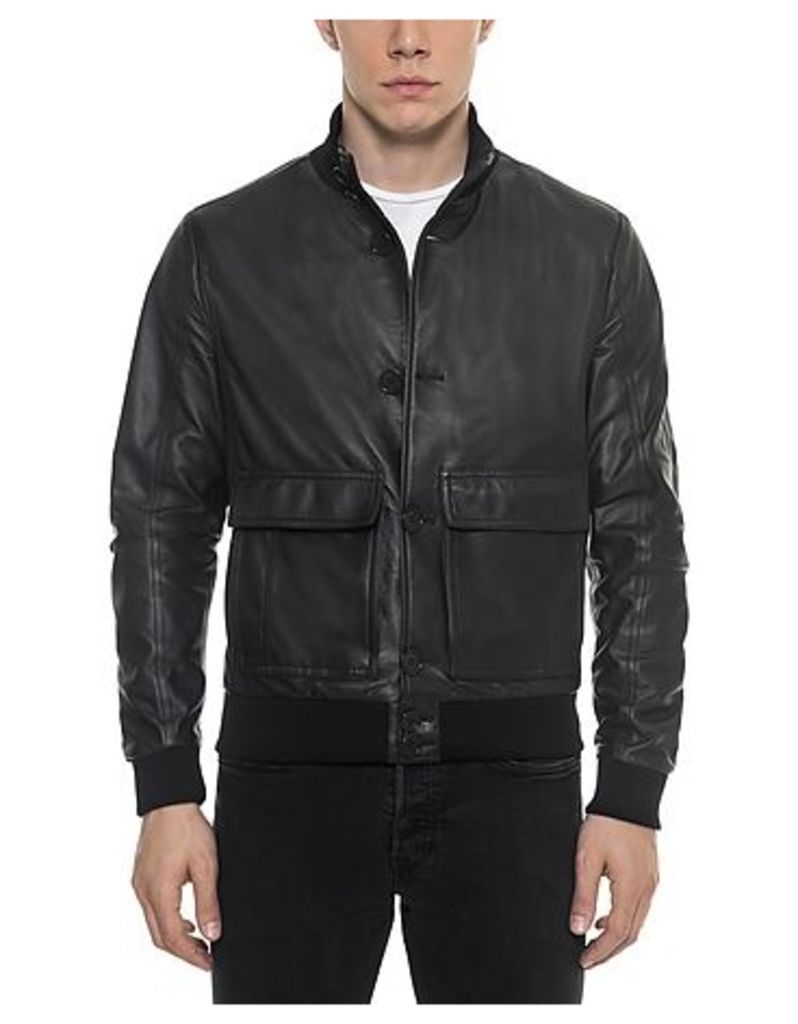 Forzieri Designer Leather Jackets, Black Leather Men's Bomber Jacket