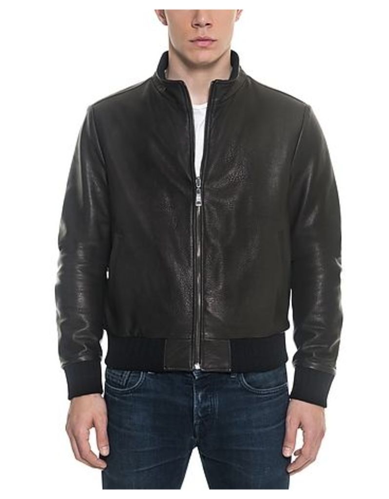 Forzieri Designer Leather Jackets, Black Leather and Nylon Men's Reversible Jacket