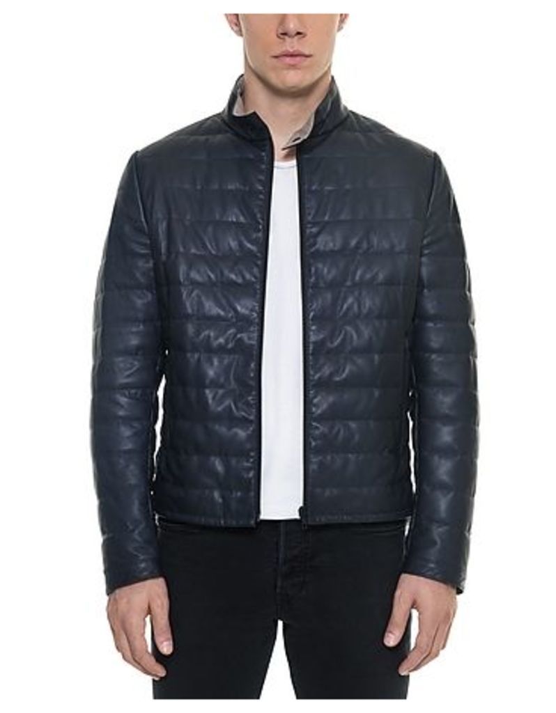 Forzieri Leather Jackets, Dark Blue Quilted Leather Men's Jacket