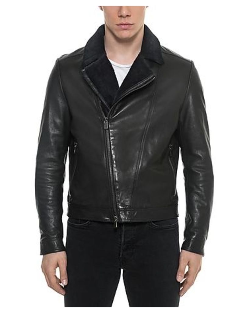 Forzieri Leather Jackets, Black Padded Leather and Shearling Men's Biker Jacket