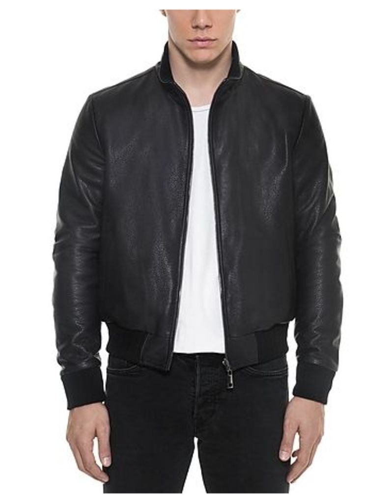 Forzieri Designer Leather Jackets, Dark Blue Leather and Nylon Men's Reversible Jacket