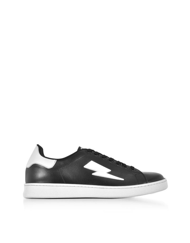 Designer Shoes, Black and White Leather Thunderbolt Tennis Sneakers