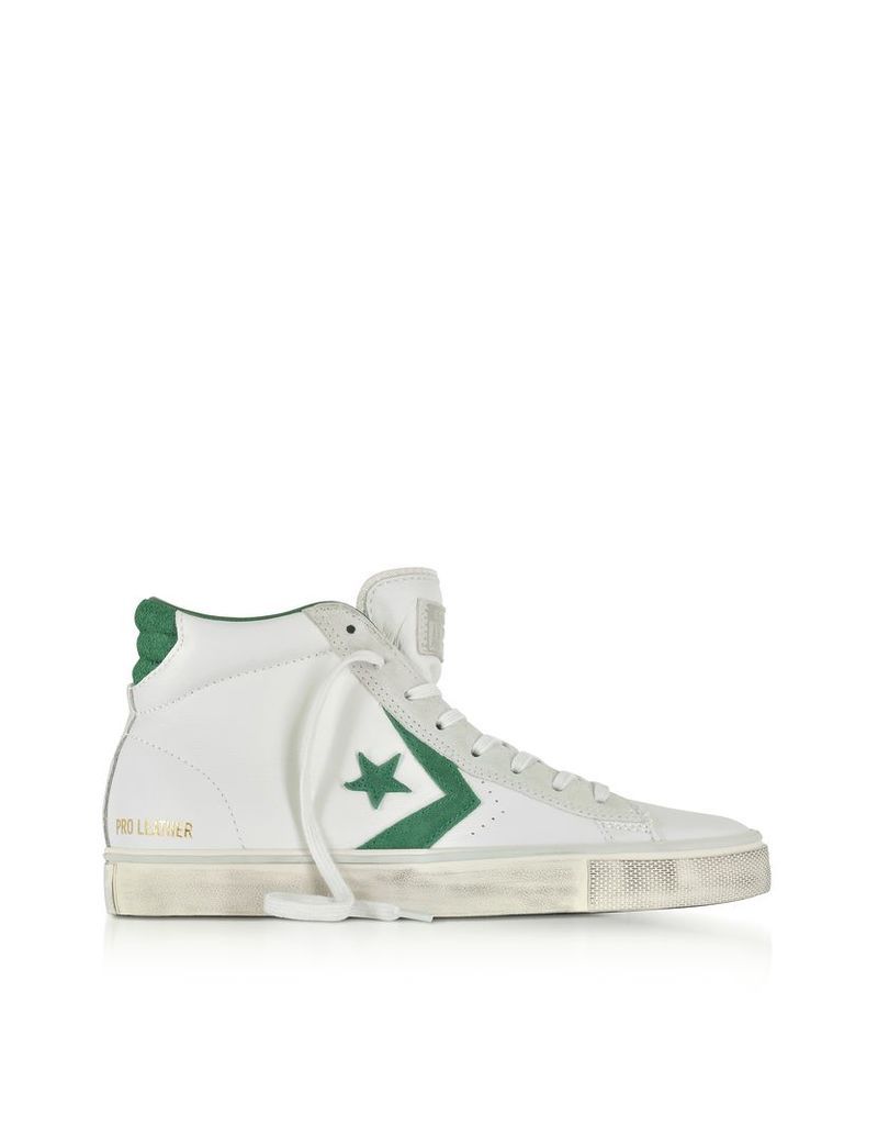 Converse Limited Edition Shoes, Pro Leather Vulc Mid Distressed White Leather and Pine Green Suede Sneakers