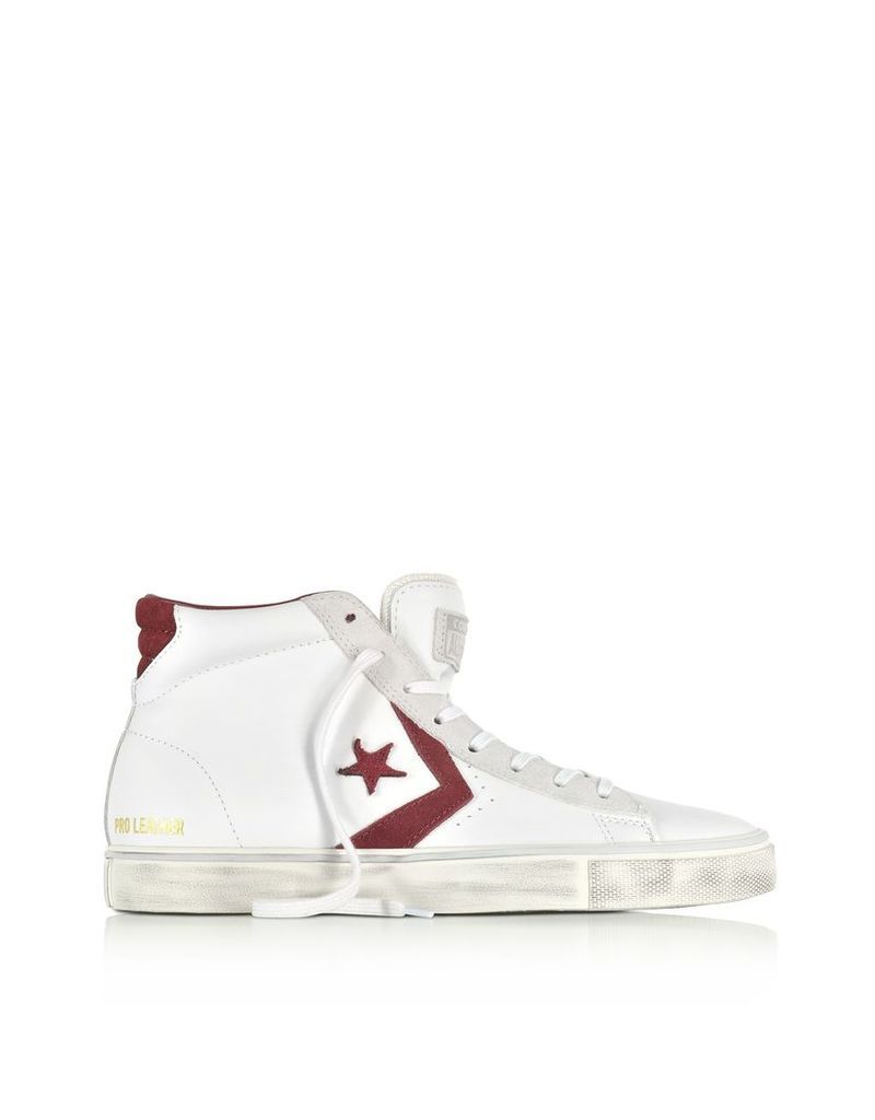 Converse Limited Edition Shoes, Pro Leather Vulc Mid Distressed White Leather and Burgundy Suede Sneakers